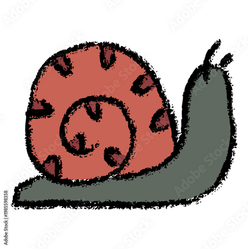 Slow snail shell, hand drawn crayon wax style, slow progress and patience doodle element, garden gastropod mollusk, rough texture wildlife nature icon