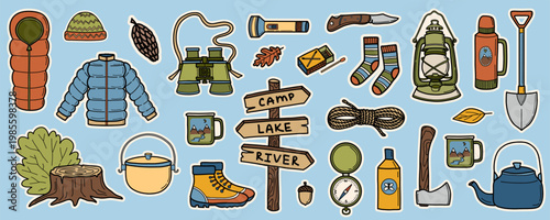 Vintage doodle stickers hiking equipment, signpost, lantern, axe and sleeping bag. Flashlight, binoculars, boots vector illustration set. Tourist elements