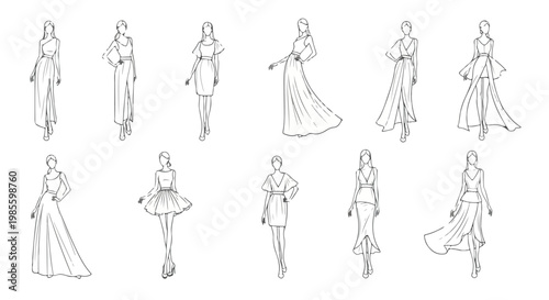 Set of 12 Fashion Model Poses Vector Illustrations