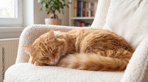 Φωτογραφία Charming ginger cat curled up in a deep, peaceful sleep on a comfortable, plush armchair at home