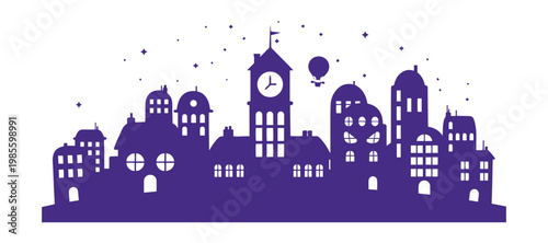 Whimsical city downtown view with colorful buildings and streets.