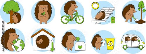 Set de 10 icônes / illustrations vectorielles sur l’écoresponsabilité avec un hérisson (flat design, style cartoon, couleurs, sticker bleu)