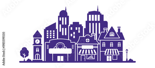 A charming downtown cityscape illustrated in a cute town style.