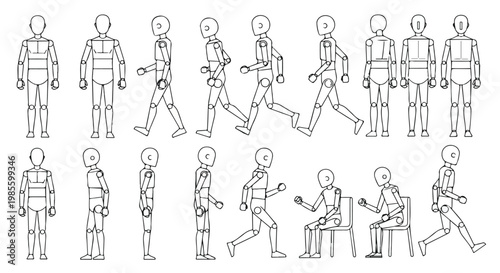 Set of 18 Human Mannequin Poses Vector Illustration