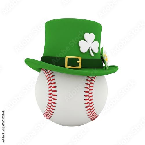 Baseball with a green leprechaun hat and shamrocks isolated on transparent background