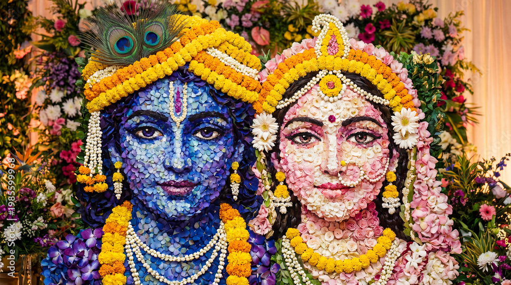 Fototapeta premium Exquisite floral portrait of Hindu deities Radha and Krishna adorned with vibrant petals and intricate jewelry, a divine artistic creation