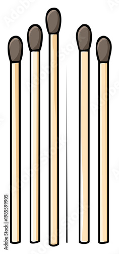 Cartoon illustration of five wooden matches with brown heads standing upright with one match taller