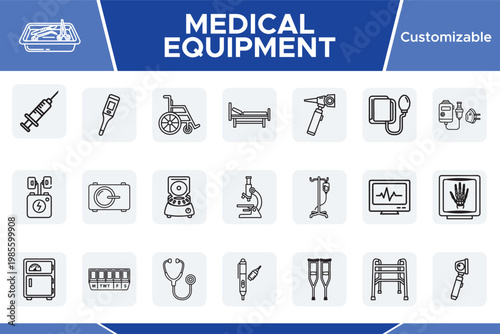 Medical Equipment line art icon set, 20 customizable vector icons for healthcare and hospital themes. Essential medical tools and instruments for modern medicine.