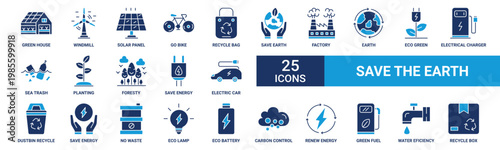 Save the earth icon set. Containing green house, windmill, solar panel, go bike, recycle bag, save earth, factory and more. Solid vector icons collection.