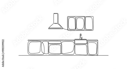 Minimalist Kitchen Line Drawing: Cabinets, Sink, and Range Hood