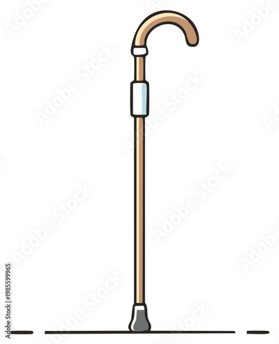 Cartoon cane with a curved handle providing balance and walking aid showing accessibility equipment and assisting mobility