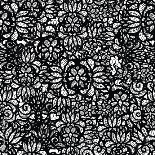 Black floral lace pattern creating an intricate seamless texture with delicate leaves, blossoms, and swirls, providing an elegant and ornamental background for various design applications