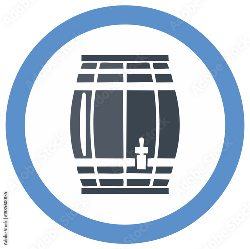 Dark barrel with tap icon inside a blue circle on white background
