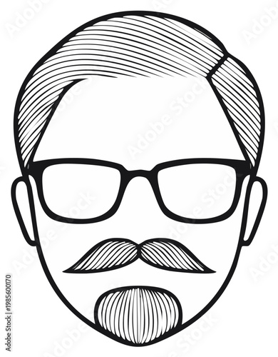 Stylized Black and White Drawing of a Man's Face with Glasses Mustache and Goatee