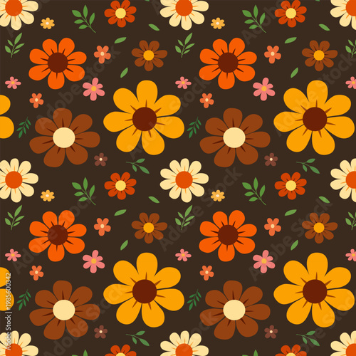 Retro 70s Floral Seamless Pattern with Bold Daisy Flowers in Warm Earth Tone Background