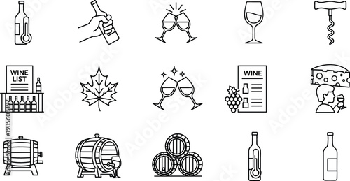 Set of Vector Wine Icons with Bottle, Glass, Corkscrew, Barrel, Wine List, and Grapes for Beverage, Bar, and Restaurant Designs