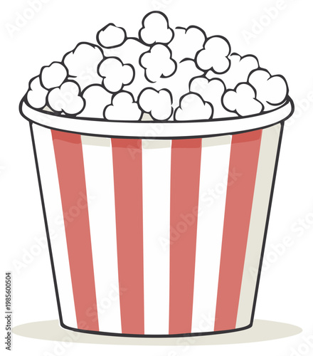Classic red and white striped popcorn bucket overflowing with fluffy snack