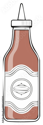 Illustration of a squeeze bottle filled with brown sauce or condiment and a blank label