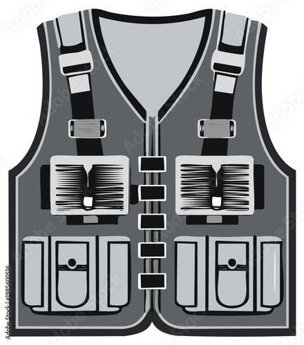 Tactical vest illustration in grayscale, a graphic representation of utility gear for protective wear and security.