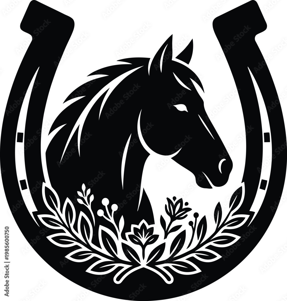 Fototapeta premium Horseshoe with horse head and leafy branch ornaments silhouette for luck emblem.