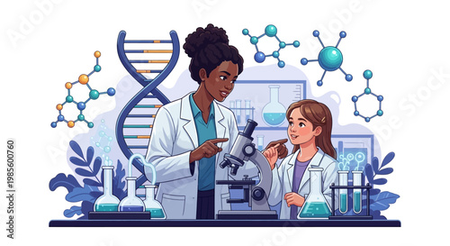 A woman in a lab coat is teaching a young girl about science, pointing at a microscope and molecular models in a brightly lit laboratory setting, presented as a flat illustration