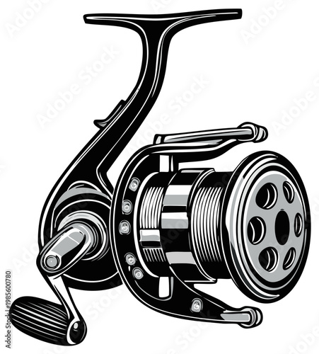 Fishing reel drawing, isolated graphic of angling equipment, vector illustration of fishing gear, reel for sport fishing