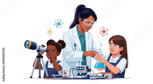 Cartoon-style illustration of a female scientist guiding two young girls in a laboratory experiment with beakers and a microscope, set against a clean white background