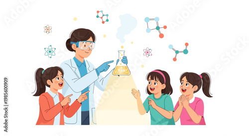 Illustrated scene featuring a female scientist in a lab coat demonstrating a chemistry experiment with a glowing conical flask to three young, cheerful students against a clean white