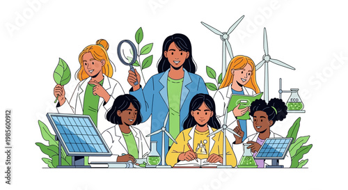 A group of young female scientists enthusiastically engage in environmental research, examining plants and renewable energy sources in a stylized illustration with a vibrant, educational