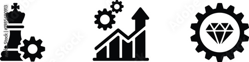 Business strategy vector icon set, growth analytics success leadership gear diamond symbols outline design