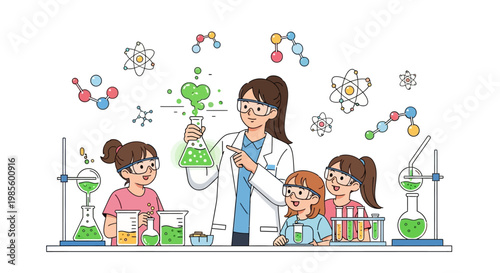 Illustration depicting a female scientist demonstrating an experiment with green liquid to three young girls in safety goggles in a laboratory with molecules floating around, presented