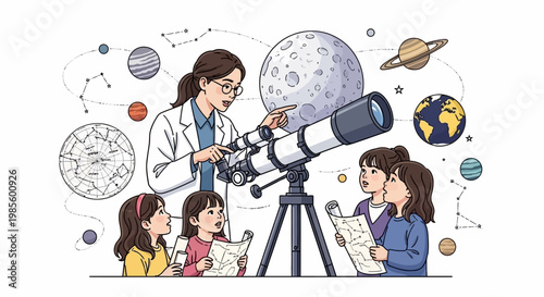 Illustration of a teacher in a lab coat pointing to a telescope and the moon while teaching a group of students holding star charts against a white background with celestial bodies