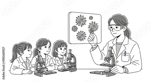 Monochrome line art depicts a female scientist in a lab coat and safety glasses pointing to a virus cell illustration during a science lesson with three young female students