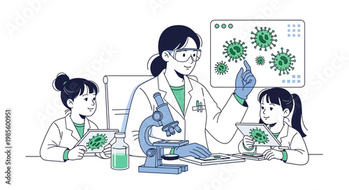 Illustration of a female scientist explaining virus structures on a monitor to two young girls in lab coats, using tablets and a microscope in a brightly lit laboratory against a white