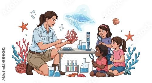 A smiling woman showing a coral to three young girls with magnifying glasses at a small table with test tubes, in a cartoon-style illustration with vibrant colors and a whimsical underwater