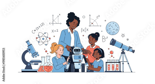 Illustration of a teacher and three students interacting with a robot in a science classroom filled with equipment, creating a bright and educational atmosphere against a clean white