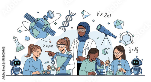 A group of young women are engaged in scientific activities with lab equipment and robots against a white background, depicted in a whimsical, colorful illustration style that conveys