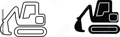 Excavator vector icon set, heavy construction machinery symbols, minimalist digger outline and solid black silhouette for industrial design