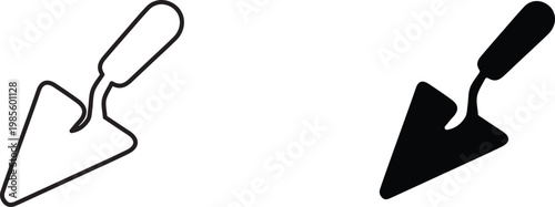 Bricklayer trowel vector icons, masonry hand tool symbols for construction and renovation, minimalist black outline and silhouette trowel set