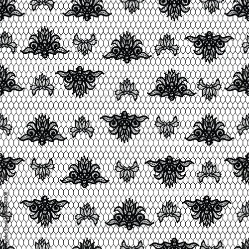 Black lace, showing a repeating floral rococo ornament pattern on a transparent mesh background, creating a seamless textile texture for fashion, decorative paper, and vintage design projects