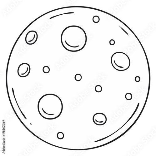 Hand drawn full moon with craters simple black and white line art illustration