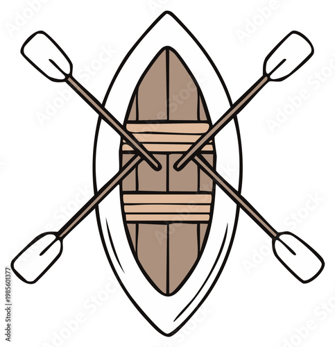 Hand-drawn outline of a wooden rowboat with crossed oars, top view illustration.