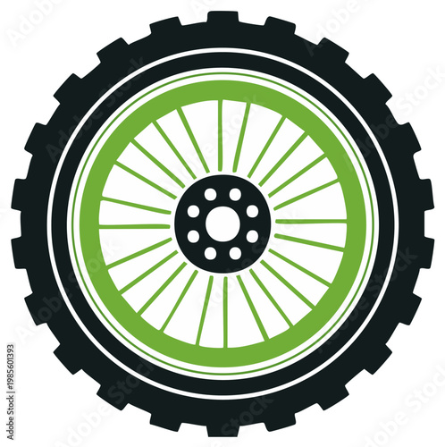 Off Road Bike Wheel Icon in Black and Green for Mountain Biking Concept