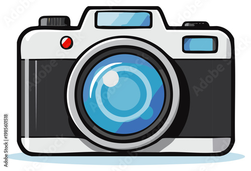 Stylized illustration of a retro photo camera with a blue lens