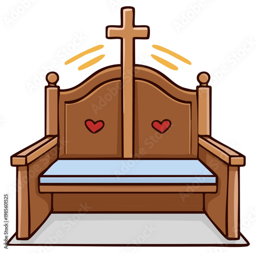 Illustrated Wooden Church Pew with a Glowing Cross and Red Hearts
