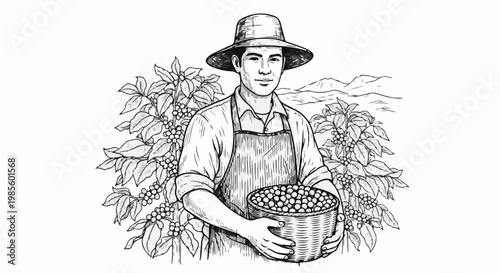 Farmer harvesting coffee beans in a basket, surrounded by plants, with hills in background
