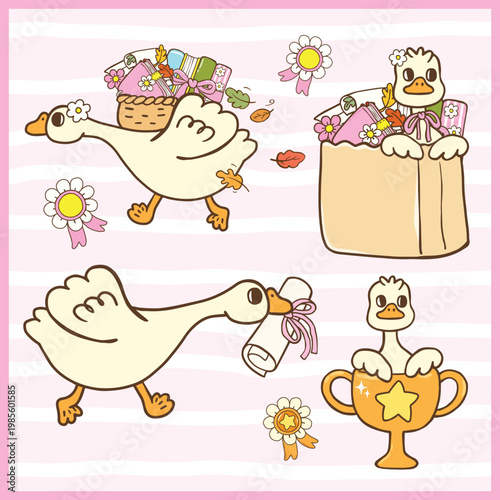Goose Carrying Stack Books Set with Autumn Leaves Cartoon Hand Drawn Illustration