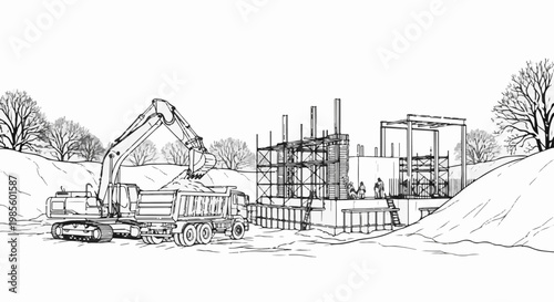 Construction scene with excavator, dump truck, and building framework