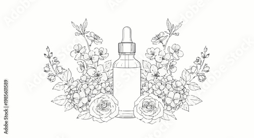 Delicate floral arrangement frames a blank dropper bottle for essence