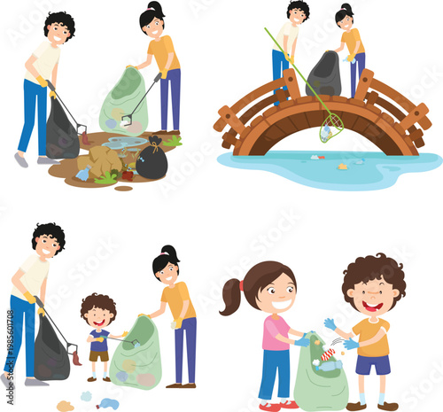 Family Cleaning Up Litter Outdoors.Collecting Trash in a Bag